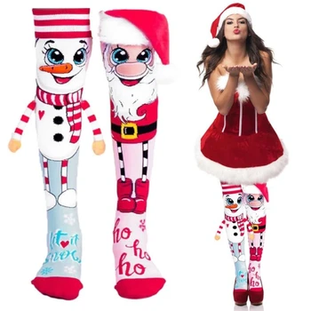 1 чифт творчески карикатура коледни чорапи Санта снежен човек отпечатани асиметрични коляното високи чорапи празнично парти подаръци