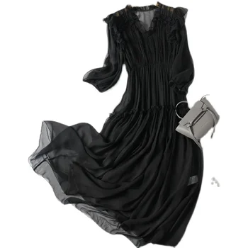 100% Копринена рокля от черница Черна средна ръкава сладка 2022 лятна нова копринена пола комплект от две части