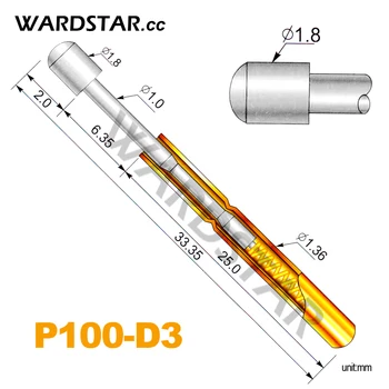 100pcs P100-D3 Dia 1.8mm пролетни тестови сонди Pogo Pin Дължина 33.35mm (Ход Пролет Froce: 180g) Търговия на едро