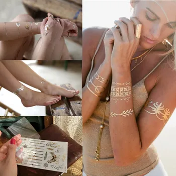 1pc Летен стил морето блести шик жени боди арт злато метален татуировка стикер верига гривна фалшиви бижута водоустойчив татуировка