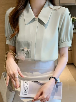 2022 Лятна блуза с къс ръкав Дамски принт риза Шифон блузи Офис дама Turn Down яка Топ женски дрехи Chemisier Femme