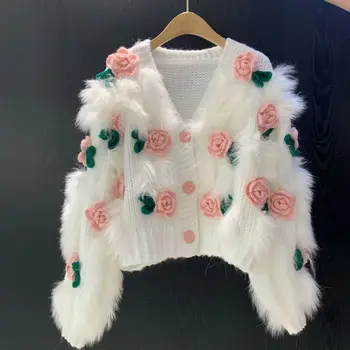 2023 Есен/Зима Ново универсално нежно износване Мек лепкав пуловер Бродиран 3D розов плетен жилетка Топ за жени