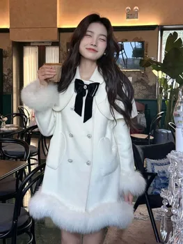2023 Жени Зимни елегантни Faux кожа ръкав пачуърк вълнени палта корейски сладък двуреден бял кашмир палта дама смеси