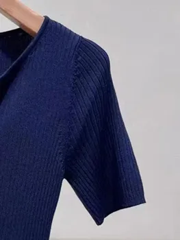 2024 Модни жени къс ръкав пуловер предни бутони кръг врата пролет лято тънък годни пуловер за жени