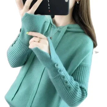 2024 нова есен зима с качулка жени пуловер върхове корейски хлабав пуловер трикотаж Плътен цвят случайни Женски къс пуловер палто