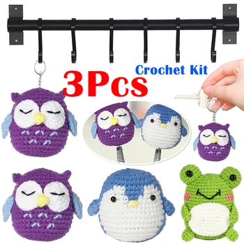 3Pcs Пълен комплект за плетене на една кука Frog/Owl/Penguin Cute Animal Crochet Set Cute с подробни уроци за начинаещи Възрастни Деца