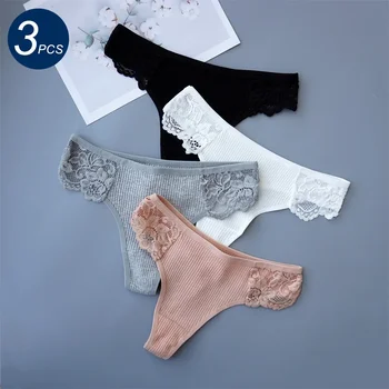 3PCS секси безшевни бикини за жени прашки памук женско бельо дантела чорапогащи ниска талия T обратно G низ