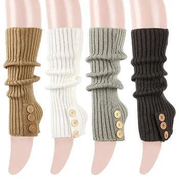 40см жени дълъг бутон плетене на една кука крак нагреватели есен зима трикотажни ботуши маншети чорапи твърди крака нагреватели вълна крак капак