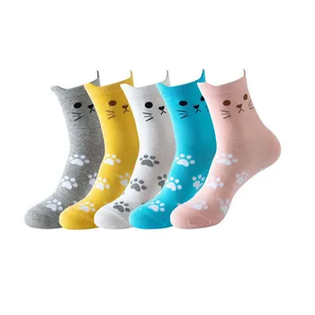 5 Париж дами карикатура котка дизайн чорапи жени японски Kawaii корейски стил памучни чорапи средата тръба Harajuku смешно сладък чорапи