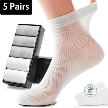 5 чифта мъже дишаща окото памучни чорапи пролет лято пот-абсорбиращи миризма устойчиви спортни чорапи плътен цвят уютен плюс размер чорапи