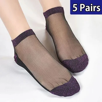 5 чифта нови жени кристал копринени чорапи лятна мода прозрачен глезена къси чорапи анти-кука дишаща памук дъното лодка чорапи