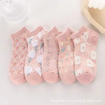 5 чифта розови цветя жени къси чорапи пролет лято мек памук глезена лодка чорапи за момиче Harajuku Kawaii ниско нарязани Sokken