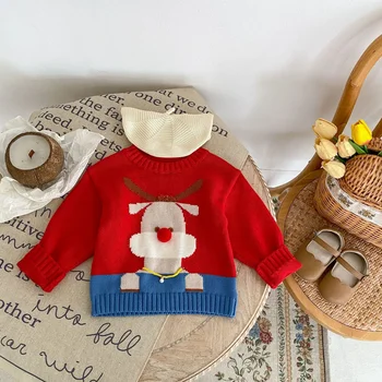 8210 Бебешки пуловер 2023 Есен Зима Ново бебе Червен плетен пуловер Коледни дрехи Карикатура пуловер Момичешки върхове