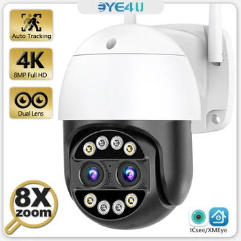 8MP 4K PTZ IP камера WiFi 8X Zoom Автоматично проследяване с двоен обектив Откриване на хора Аудио сигурност Камери за видеонаблюдение ICsee Alexa