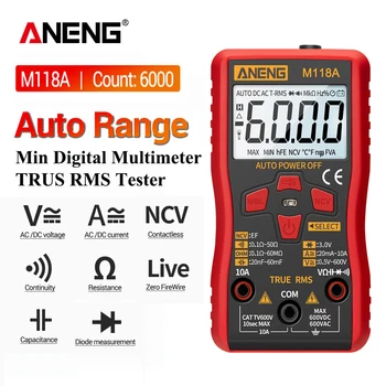 ANENG M118A Цифров мини мултицет тестер Auto Mmultimetro True Rms Tranistor Meter с NCV данни Hold 6000counts фенерче
