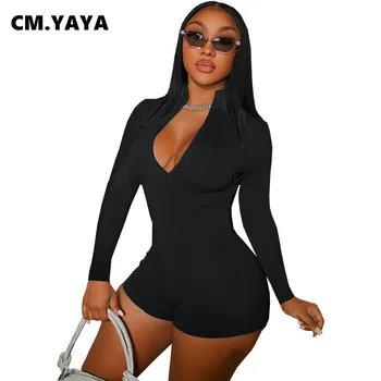 CM.YAYA жени Playsuit твърди пълен ръкав цип стойка яка разтеглив кльощава Bodycon Playsuits случайни ританки есенни екипи