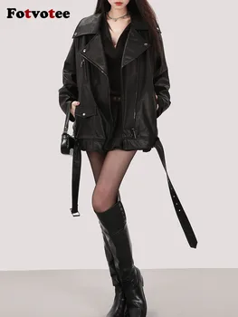 Fotvotee якета за жени американски реколта назъбена яка черен изкуствена PU палто цип мотоциклет хлабав случайни с колан връхни дрехи