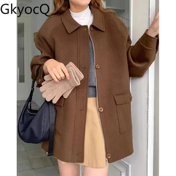 GkyocQ корейски шик есен и зима ниша ретро ревера яка еднореден джобове хлабав универсален дълъг ръкав туид яке
