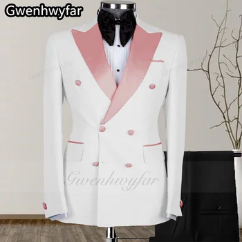 Gwenhwyar 2023 Най-новият дизайн бял мъжки костюм двоен ред бутон роза розов заострен ревера сватба банкет младоженец смокинг