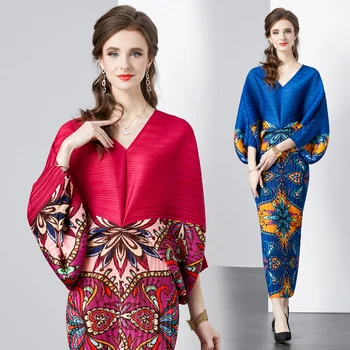 Helolis Реколта цветен печат плисирани рокли за жени 2023 Есен нова мода V врата Batwing ръкав дълга рокля Vestidos роба