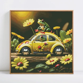 HUACAN Комплекти за бродерия на цветя за кола DIY подарък отпечатано платно Ръкоделие Живопис Начало Декорация жаба животински кръстат бод