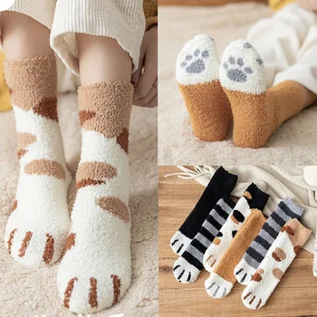 Kawaii карикатура бели вълнени чорапи за жени зимни сладки куче котка лапа руно топло смешно кашмир зимни чорапи дома етаж спане