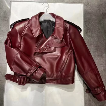Lady Fashion Streetwear кожено яке 2023 Нова есен зима мото байкер яке овча кожа палто жени GT5916