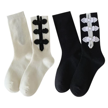 Middle Tube памучни чорапи чорапи за жени плътен цвят Cheongsam катарама декорации чорапогащник теле чорапи T8NB