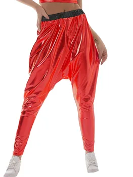 NDUCJSI харем панталони мода гореща продажба лъскави панталони нов дизайн жени плътен цвят лазер сребро злато ластик хлабав дропшип