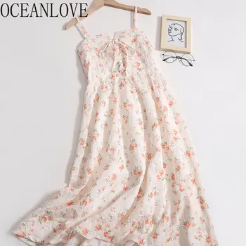 OCEANLOVE печат флорални летни рокли за жени превръзка без гръб секси vestidos корейски мода A-line реколта роба Femme