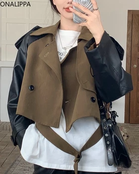 Onalippa High Street контраст изрязано яке жени PU пачуърк колан назъбена яка хлабав якета корейски шик дизайн палто