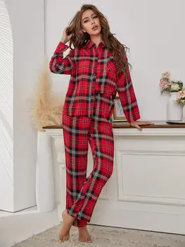 Red Plaid Дамска пижама 2 броя спално облекло Tops&Pants Есен Зима Пижами HomeWear дрехи Преден бутон с джоб на гърдите