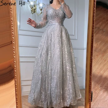 Serene Hill Мюсюлмански луксозни сиви вечерни рокли рокли 2023 A-Line блясък дълги ръкави за жена сватбено тържество LA70819