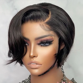 Short Bob Wig Pixie Cut Wig Straight Human Hair Wigs 13x4x1 T Part Transparent Lace Wigs For Women Preplucked Hairline Wig