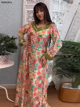 Siskakia Скромна мюсюлманска мода Jalabiya шик златна лента контраст цвят подстригване скъпа врата Дубай марокански флорални Abaya рокля Eid