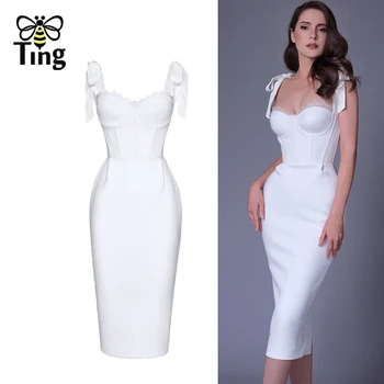 Tingfly дизайнер мода секси Bodycon тънък бял цвят парти нощни рокли жени каишка подложка гореща крива vestidos халати