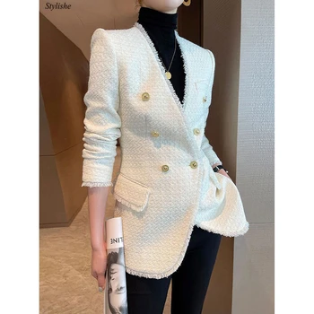 Tweed Jacket Women Office Ladies Lapel Slim Black Autumn Women Blazers Elegant Fashion Double Orded Female Coat White Clothes