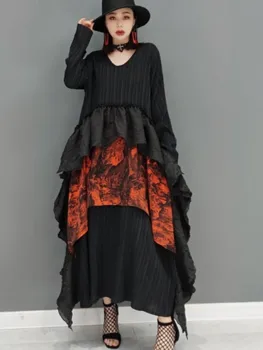 URIOR 2023 Есен Нова мода Пачуърк Тънка рокля Ежедневни V-образно деколте Снаждане Уникални плисета Свободна дълга рокля
