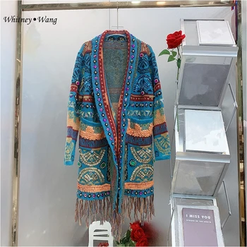 WHITNEY WANG Дизайнерски стил 2023 Есенна мода Улично облекло Кристали Пайети Мъниста Инди фолк дълга жилетка Дамски пуловер
