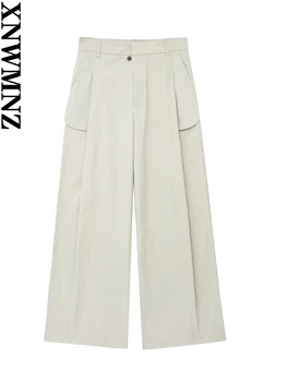 XNWMNZ 2023 Дамска мода джобни панталони жена реколта висока талия цип женски шик панталони