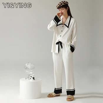 [YI&YING] Чиста памучна пижама, Дамски пролетни и есенни панталони с дълъг ръкав, Дамски голям памучен комплект за домашно облекло WAZC150