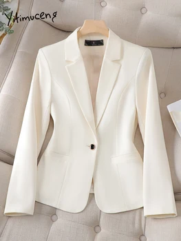 Yitimuceng Бели блейзъри за жени 2023 Нов моден офис дами назъбени един бутон палта реколта елегантен случайни тънък яке
