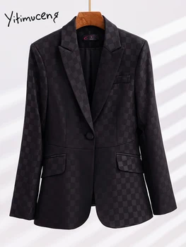 Yitimuceng кариран блейзър за жени есен зима 2023 нова мода един бутон дълъг ръкав официални палта офис дами тънък яке