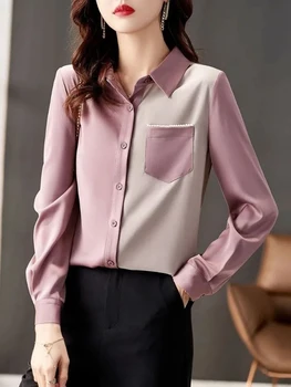 Zoki мода шифон пачуърк риза жени корейски хлабав harajuku случайни офис дама блуза нов дълъг ръкав всички мач джобни върхове