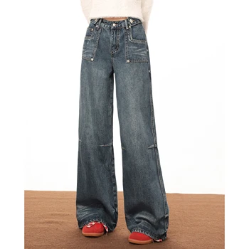 американски реколта дънки с висока талия жени Y2k моден дизайн есен зима извънгабаритни хлабав отслабване прав моп широк крак панталони нови