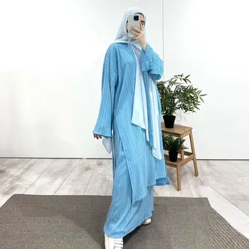 Арабски мюсюлмански жени скромна рокля 2023 Нова средна дължина дълъг ръкав набръчкана плисирана роба върхове и пола комплект ислям Abaya роба