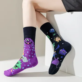 Асиметрични модерни чорапи за мъже и жени AB Style Ins Street Personality Cartoon AB Creative Mid Length Socks Cotton Mult-Color