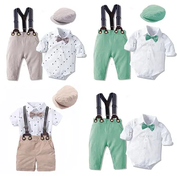 Бебе Момче Пролетни момчета костюми Новороден джентълмен парти костюм Мек памучен гащеризон + панталони Кръщелна рокля Подаръчни комплекти за новородени