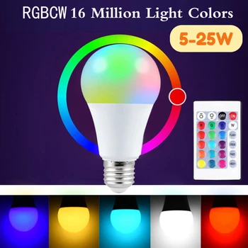 Безжична интелигентна крушка Димируема 5-25W E27 RGB + W / WW LED лампа за промяна на цвета Дистанционно управление E27 Led крушка за домашна декорация