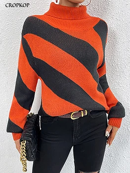 Водолазка пуловери за жени мода трикотажни дълъг ръкав върховете хлабав райета пуловери случайни есен зима нов пуловер 2023